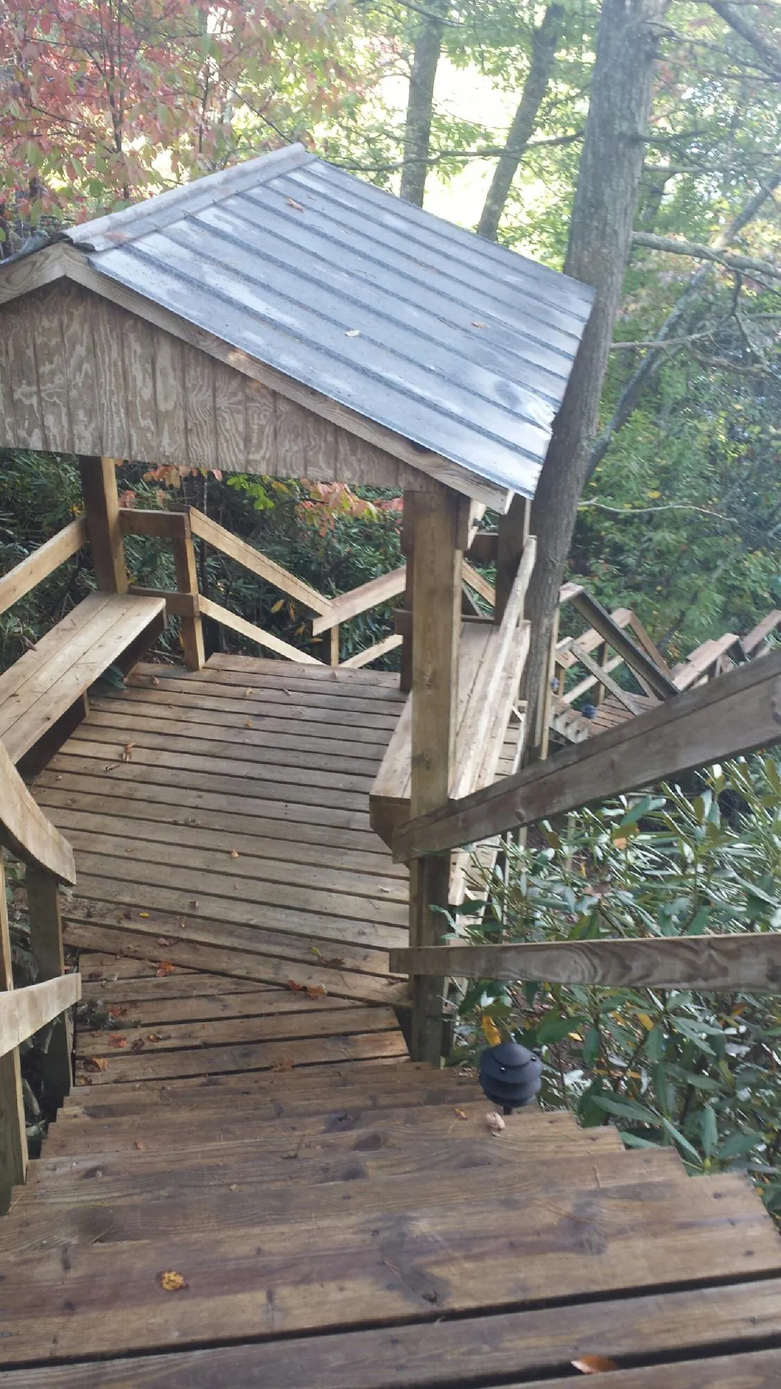 Metal roofed shelter over wooden steps on a wooded walkway — Skylight Repair & Installation work by our crew in East Vandergrift